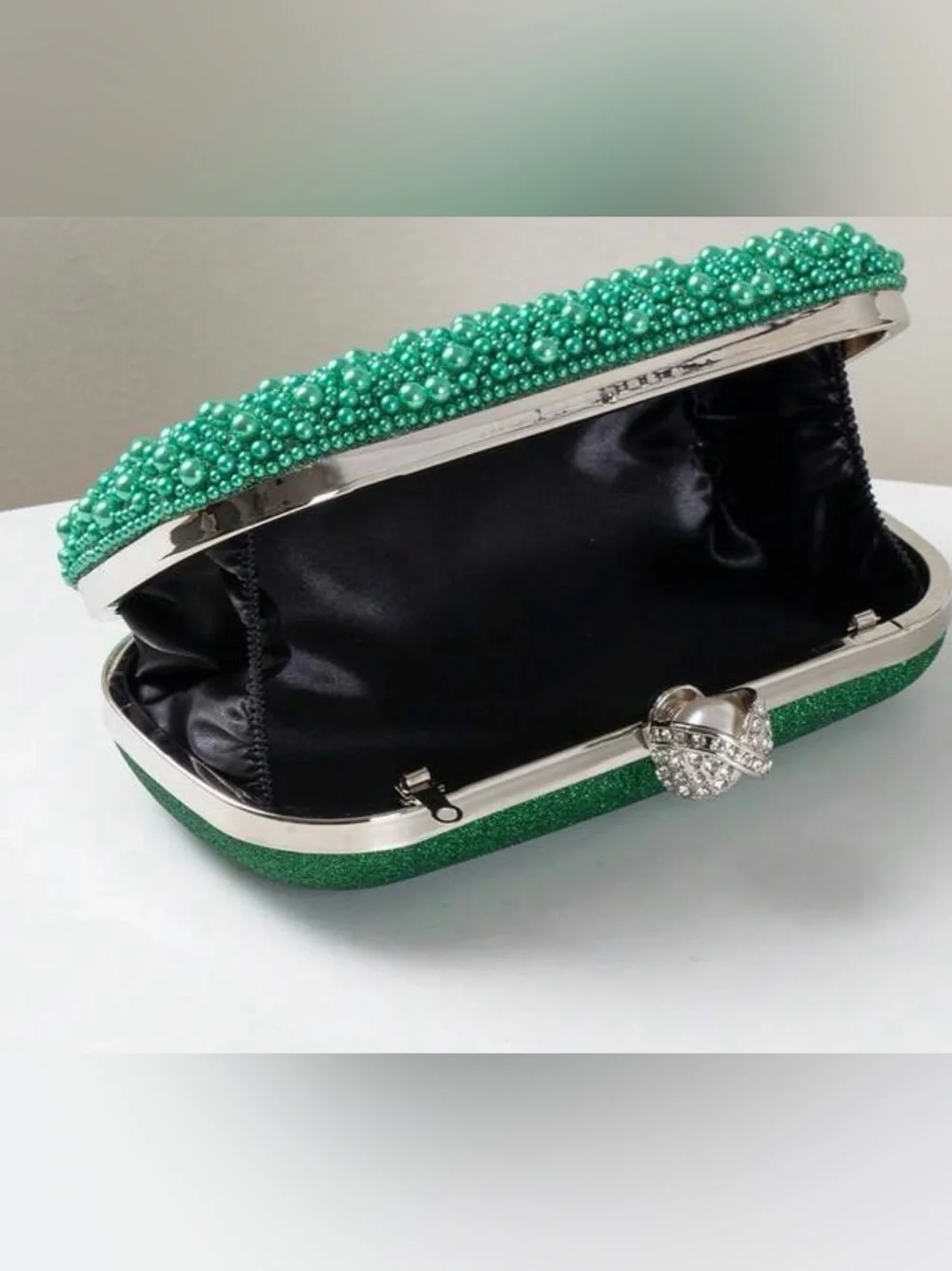 Pearl & Crystal Embellished Clutch - Gree